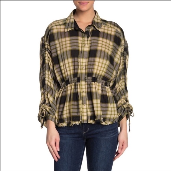 FREE PEOPLE PACIFIC DAWN PLAID SNAP RUCHED SLEEVE WOOL BLEND FLANNEL TOP S NWT - Picture 2 of 14